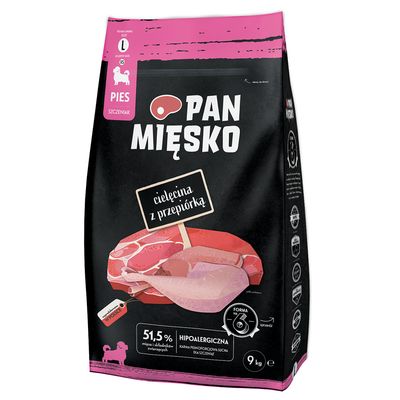 Pan Mięsko cielęcina, przepiórka puppy duże rasy 9 kg × 2