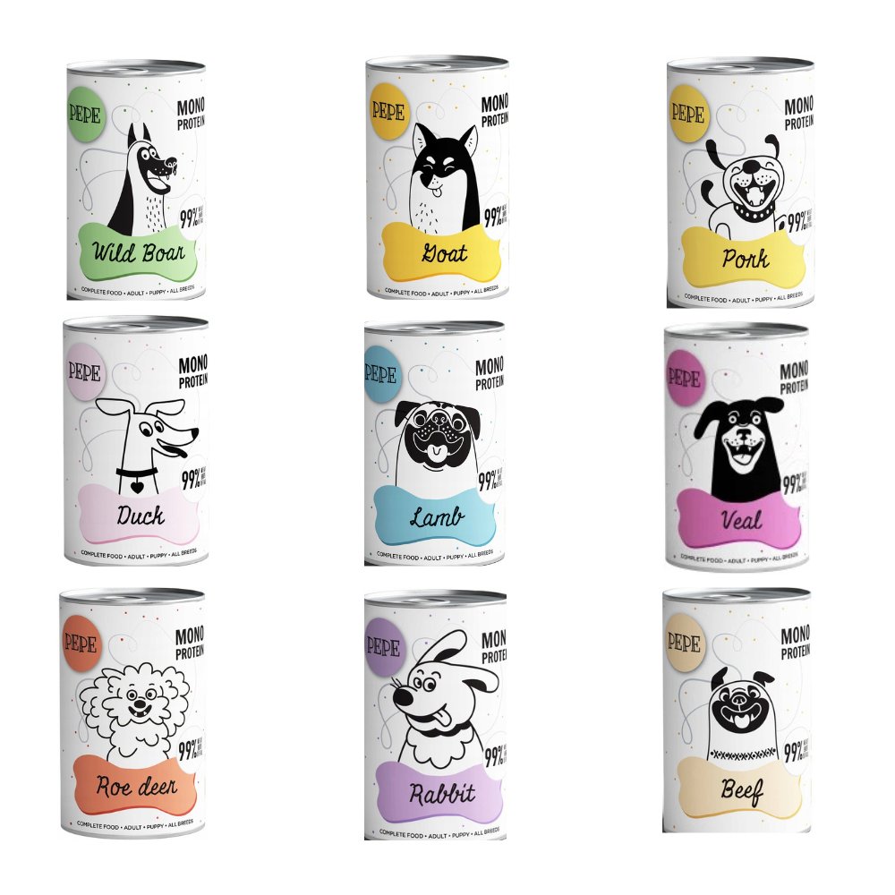 Paka Zwierzaka Pepe cielęcina, dzik, jagnięcina, kaczka, koza, wieprzowina 400 g × 9
