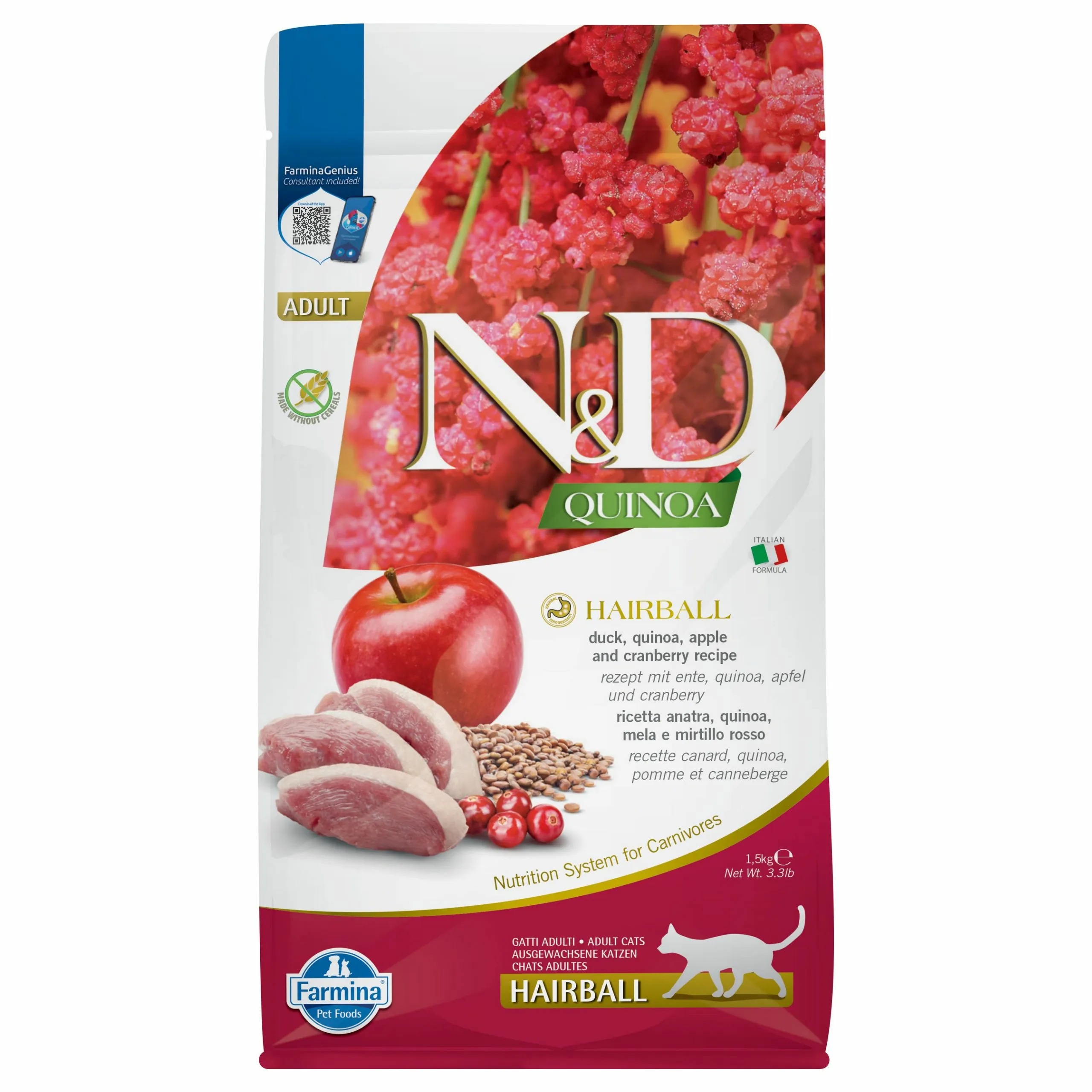 Farmina N&D Quinoa Hairball kaczka z quinoą adult 1,5 kg