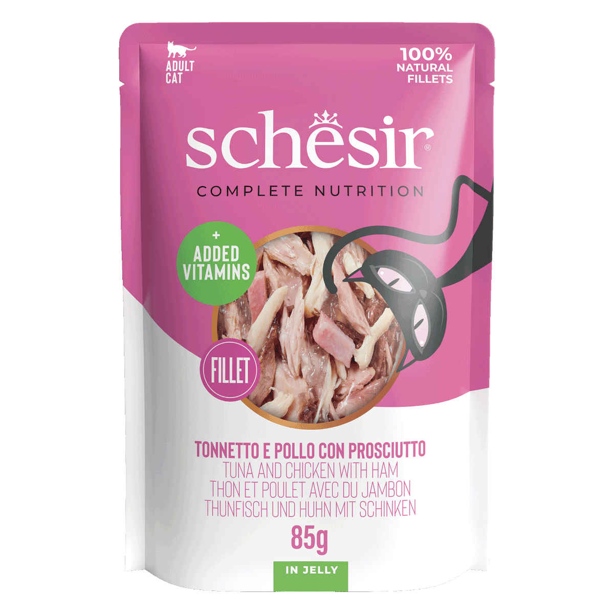 Schesir C&B Sensitive kurczak, szynka, tuńczyk w galaretce adult 85 g