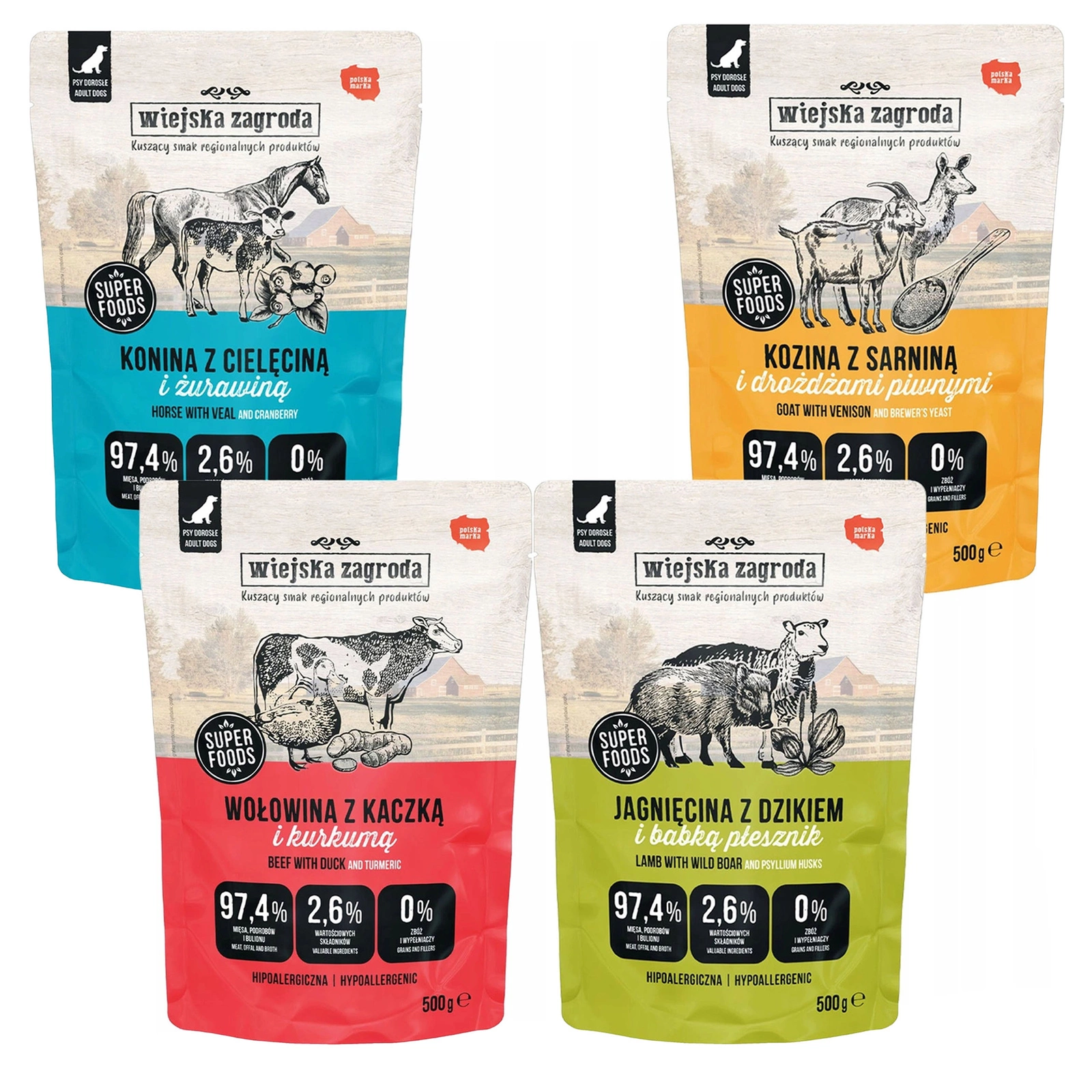 Wiejska Zagroda drób, dziczyzna, konina, wołowina adult 500 g × 4