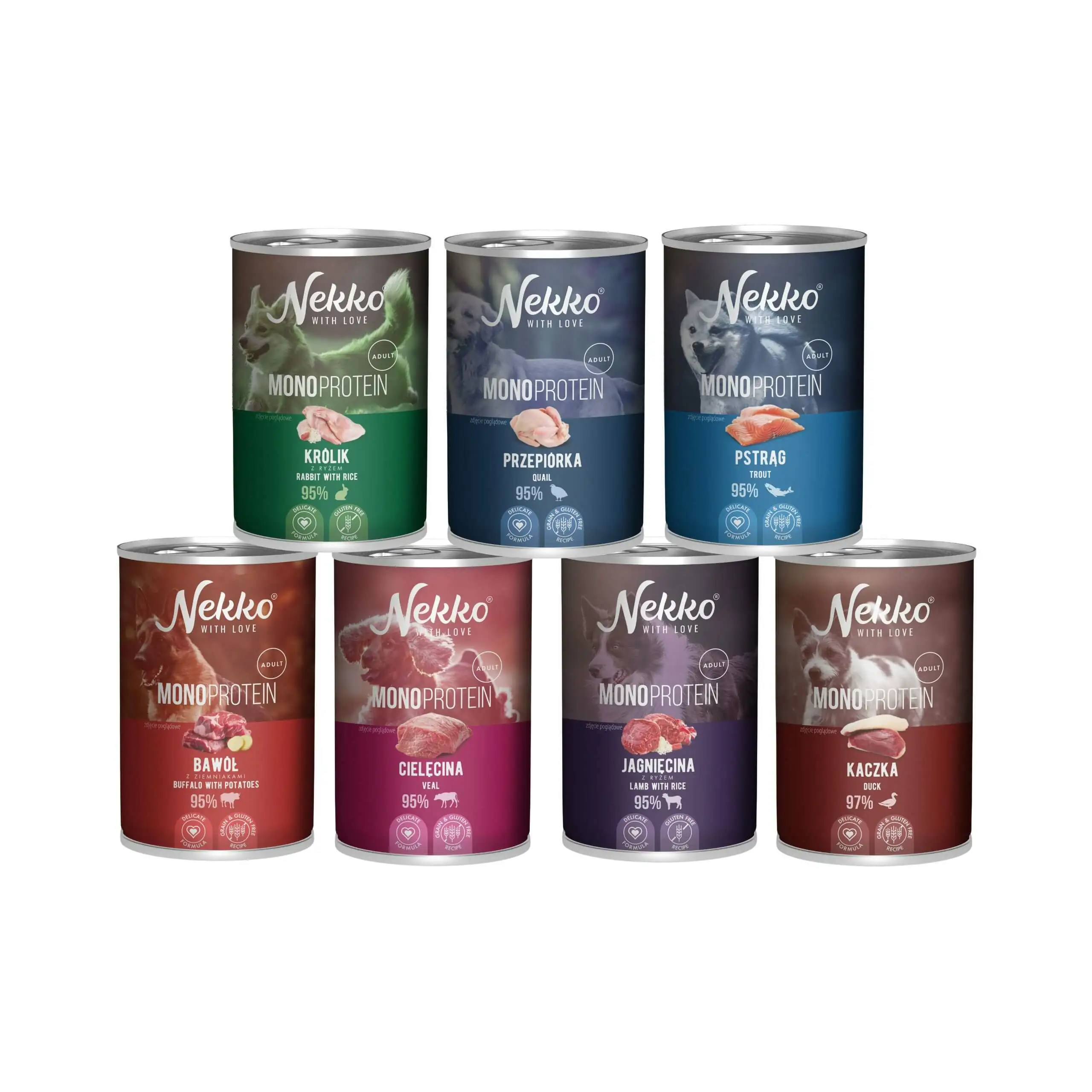 Nekko Mono bawół, cielęcina, jagnięcina, kaczka, królik, przepiórka, pstrąg adult 400 g × 7