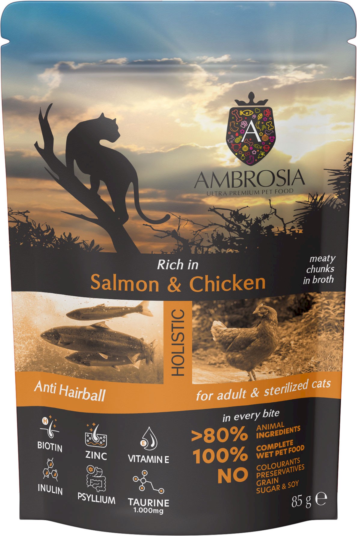 Ambrosia Sterilised Hairball kurczak, łosoś w bulionie adult 85 g