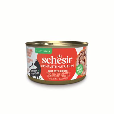 Schesir Complete Nutrition krewetki, tuńczyk w galaretce adult 85 g × 24