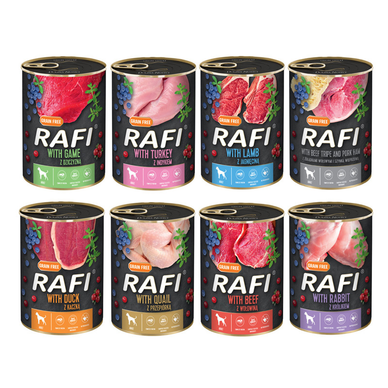 Rafi Premium dziczyzna, indyk, jagnięcina, kaczka, królik, przepiórka, wołowina, żołądki wołowe i szynka adult 400 g × 24