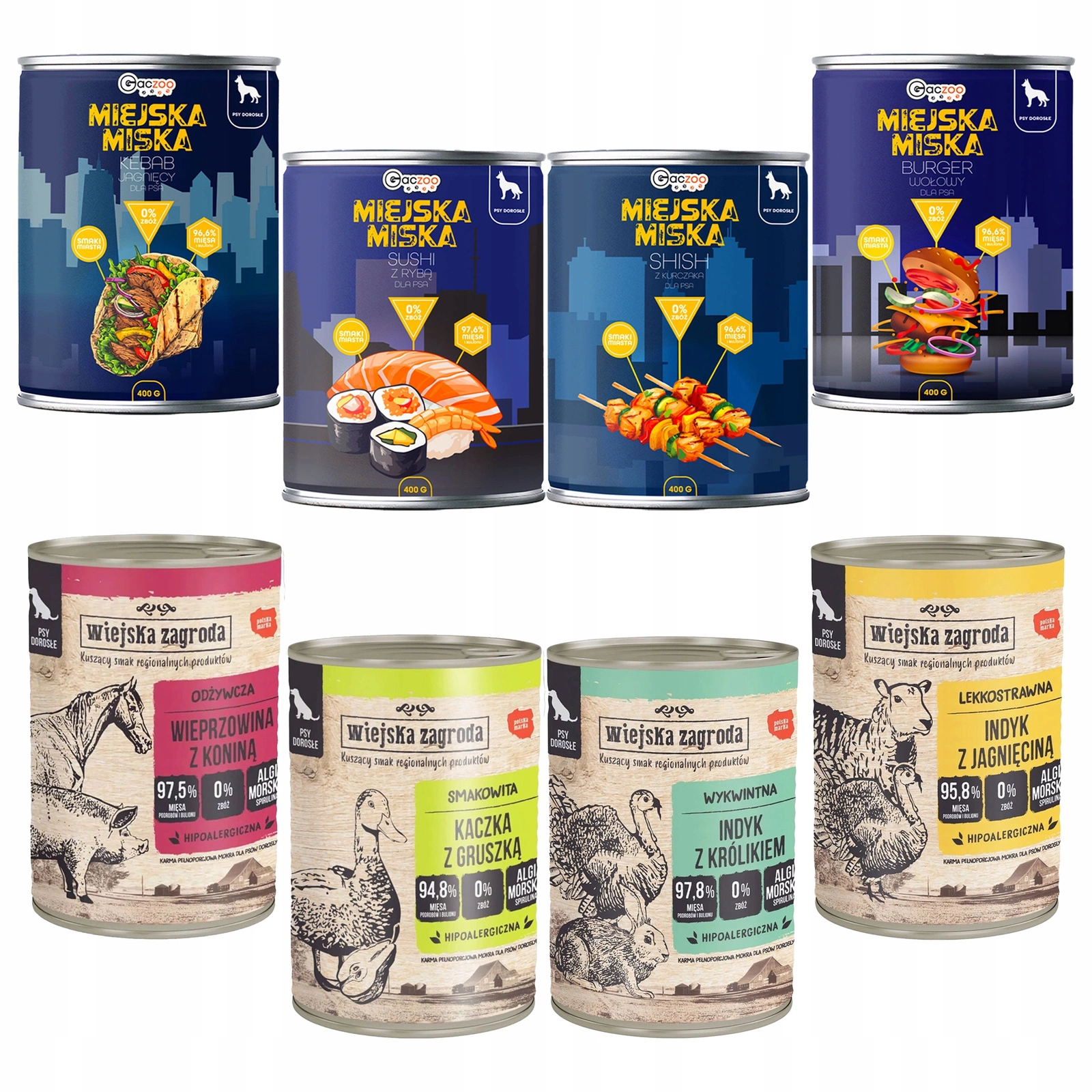 Wiejska Zagroda Miejska Miska Gaczoo mix smaków 400 g × 8