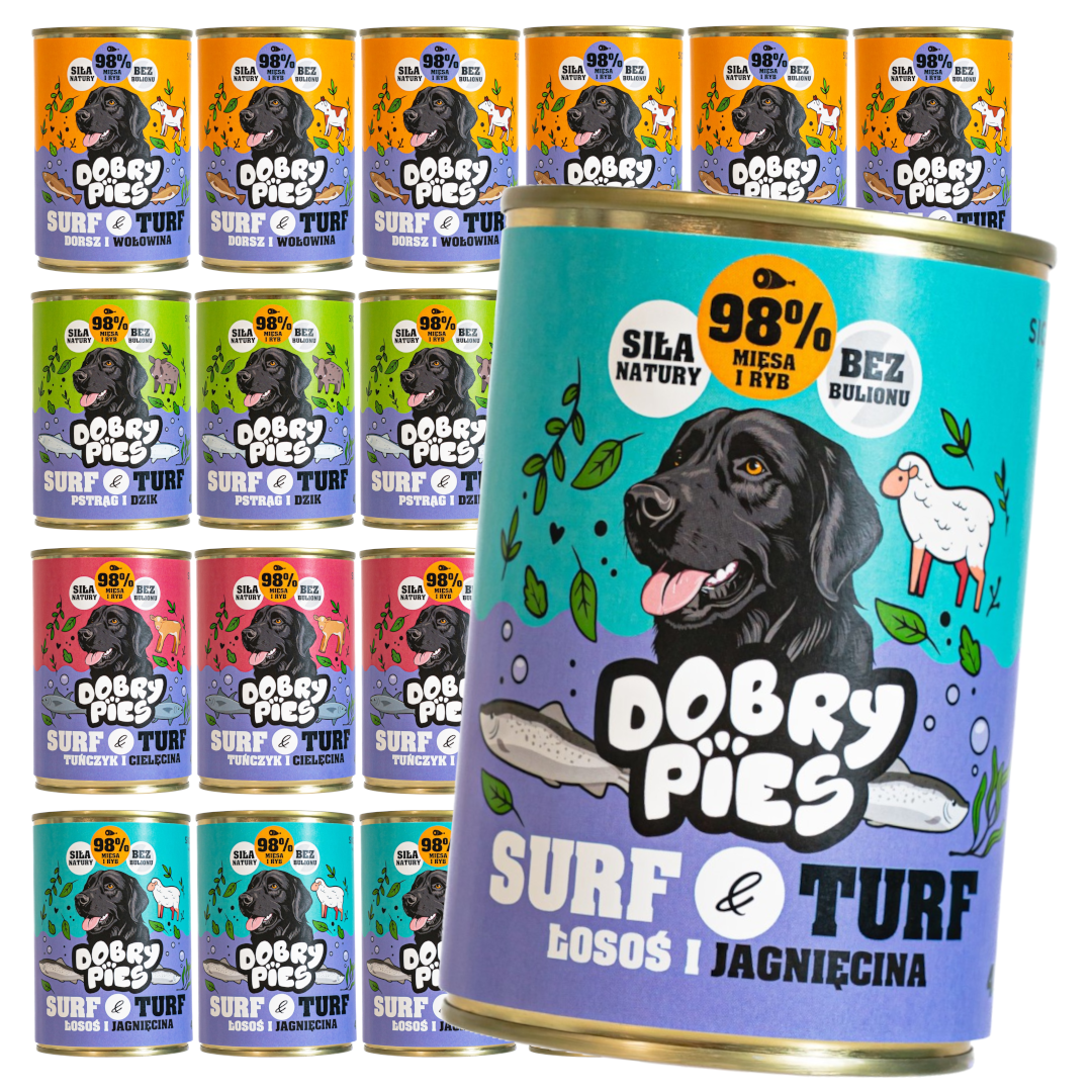 Dobry Pies Surf & Turf cielęcina, dorsz, dziczyzna, jagnięcina, pstrąg, tuńczyk, wołowina, łosoś adult 400 g × 24