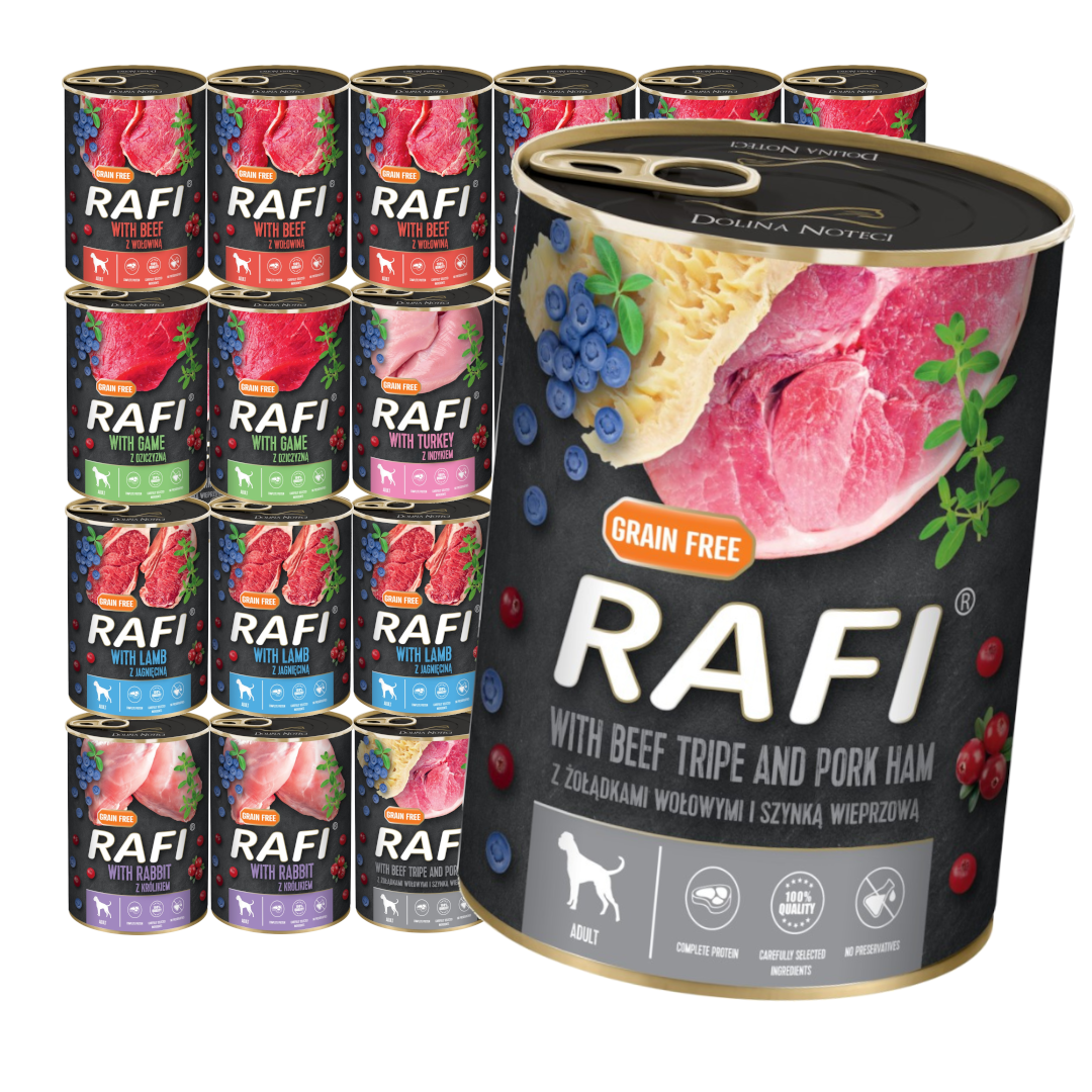 Rafi dziczyzna, indyk, jagnięcina, królik, wieprzowina, wołowina adult 400 g × 24