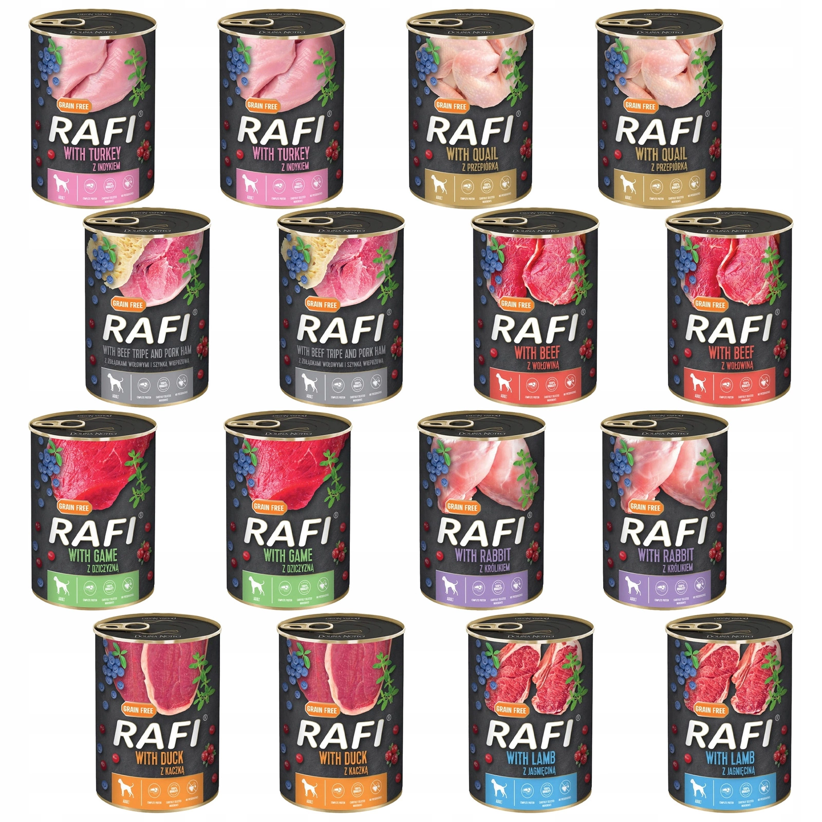 Rafi dziczyzna, indyk, jagnięcina, kaczka, królik, przepiórka, wołowina, żołądki wołowe 400 g × 16