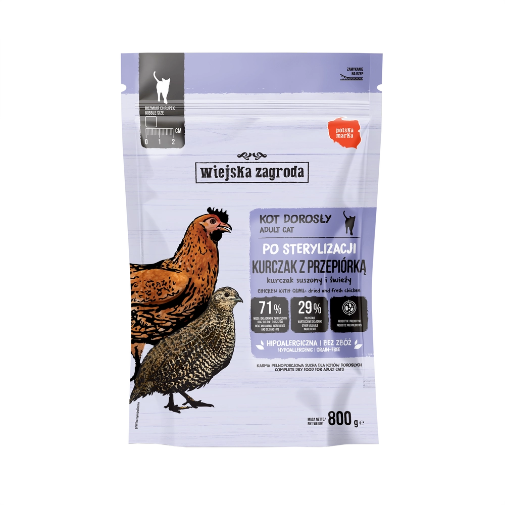 Wiejska Zagroda Sterilised kurczak, przepiórka adult 800 g