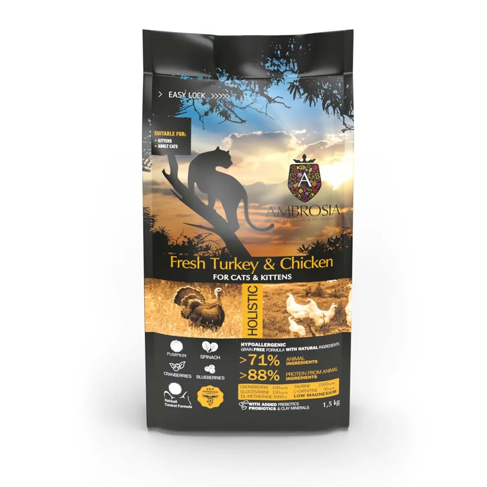 Ambrosia Hairball Sensitive indyk, kurczak 1,5 kg