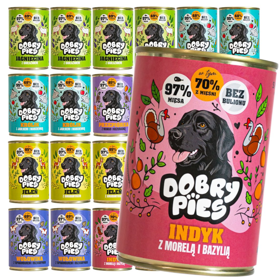 Dobry Pies indyk, jagnięcina, jeleń, królik, przepiórka, wołowina z amarantusem, bakłażanem, bazylią, jabłkiem, kozieradką, mango, marchewką, morelą, topinamburem adult 400 g × 24