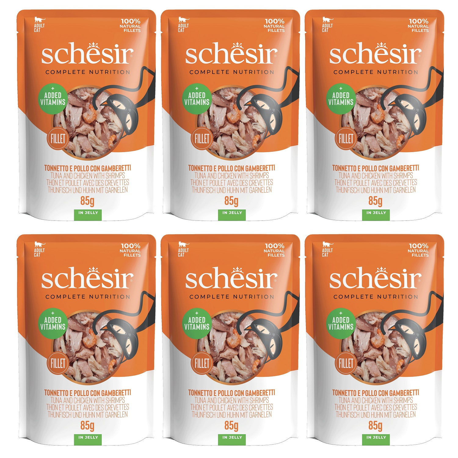 Schesir krewetki, kurczak, tuńczyk w galaretce 85 g × 6
