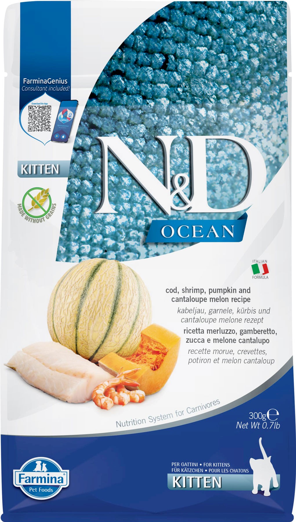Farmina N&D Ocean dorsz, krewetki z dynią kitten 300 g
