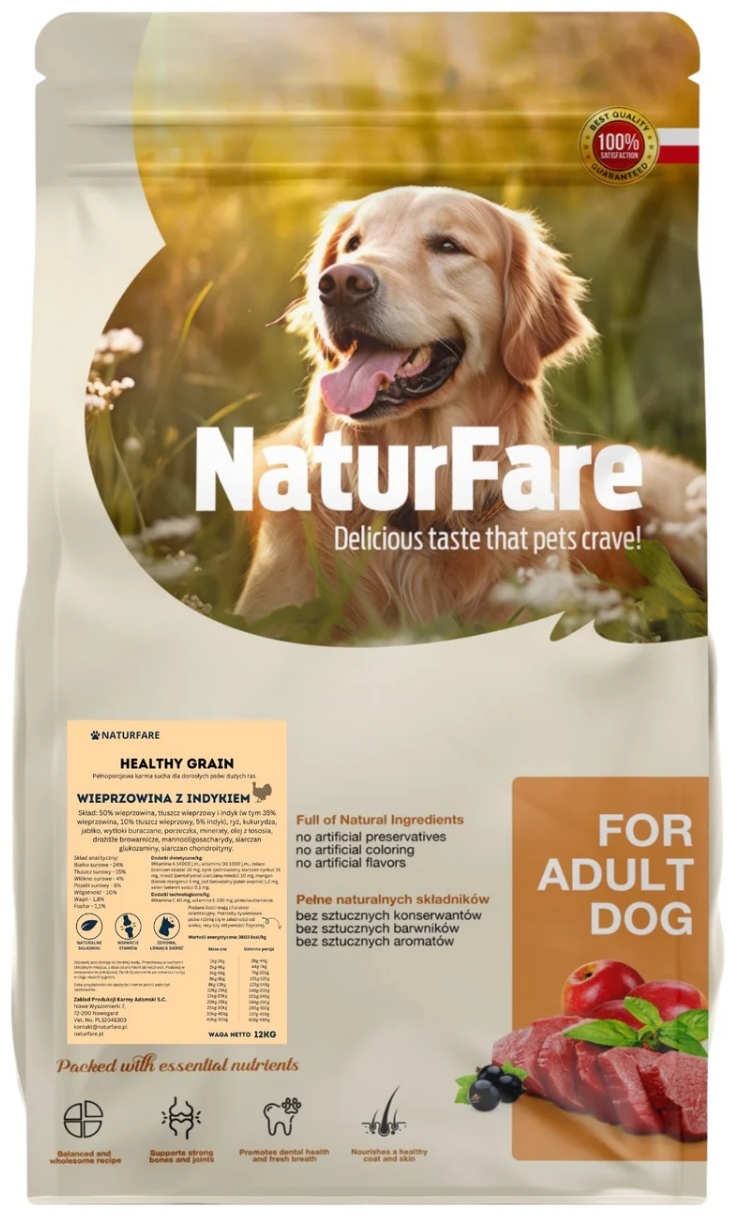 NaturFare indyk, wieprzowina adult duże rasy 12 kg