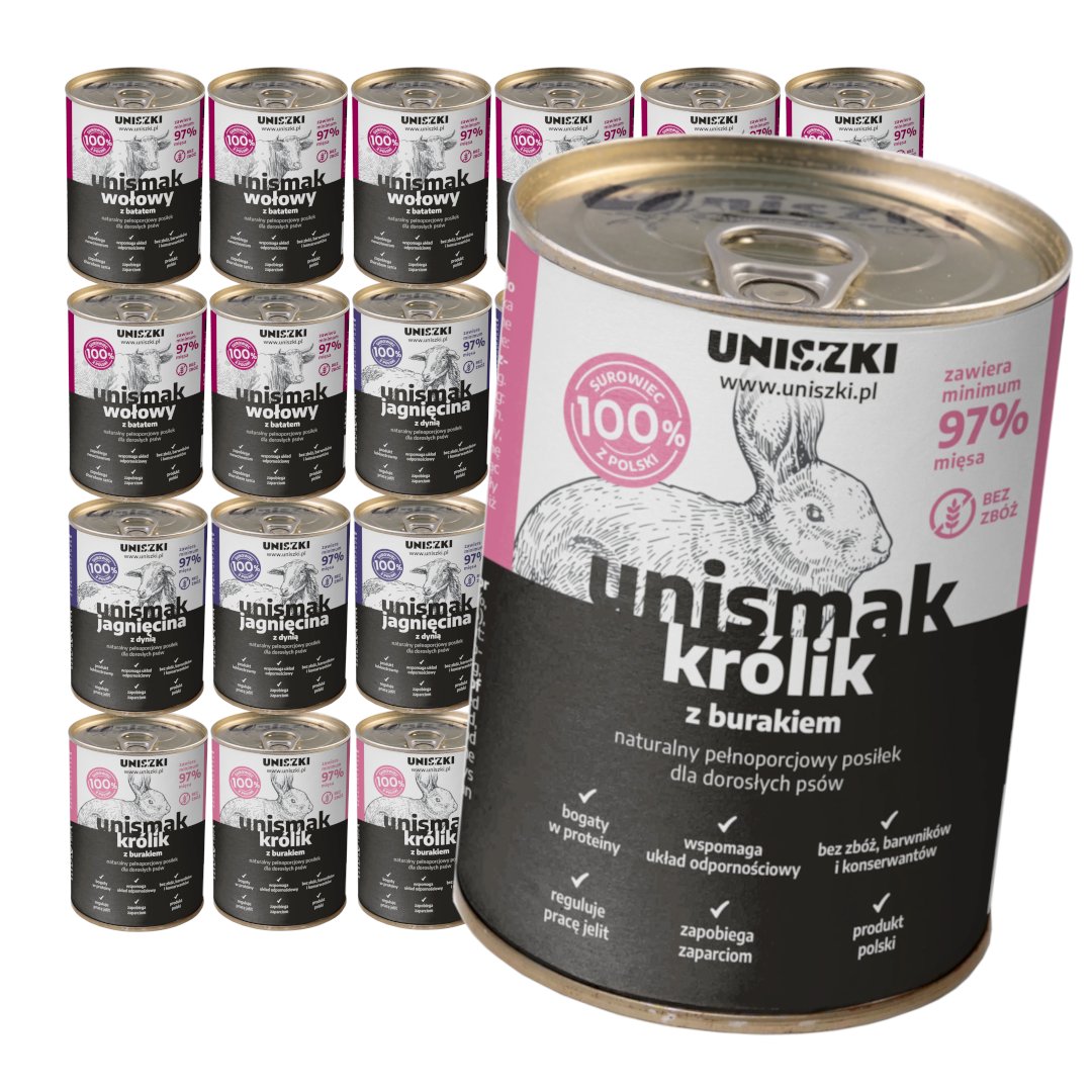 Uniszki Unismak jagnięcina, królik, wołowina z batatem, burakiem, dynią 400 g × 24