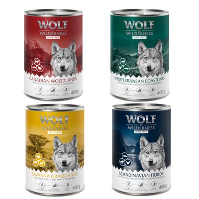 Wolf of Wilderness The Taste Of dorsz, indyk, jagnięcina, kurczak, pstrąg, renifer, wołowina, łosoś adult 400 g × 24