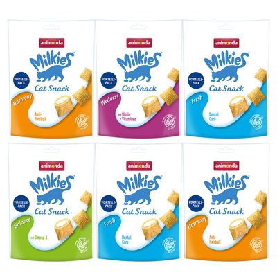 Animonda Milkies Dental, Hairball, Skin & Coat mix smaków adult 120 g × 6