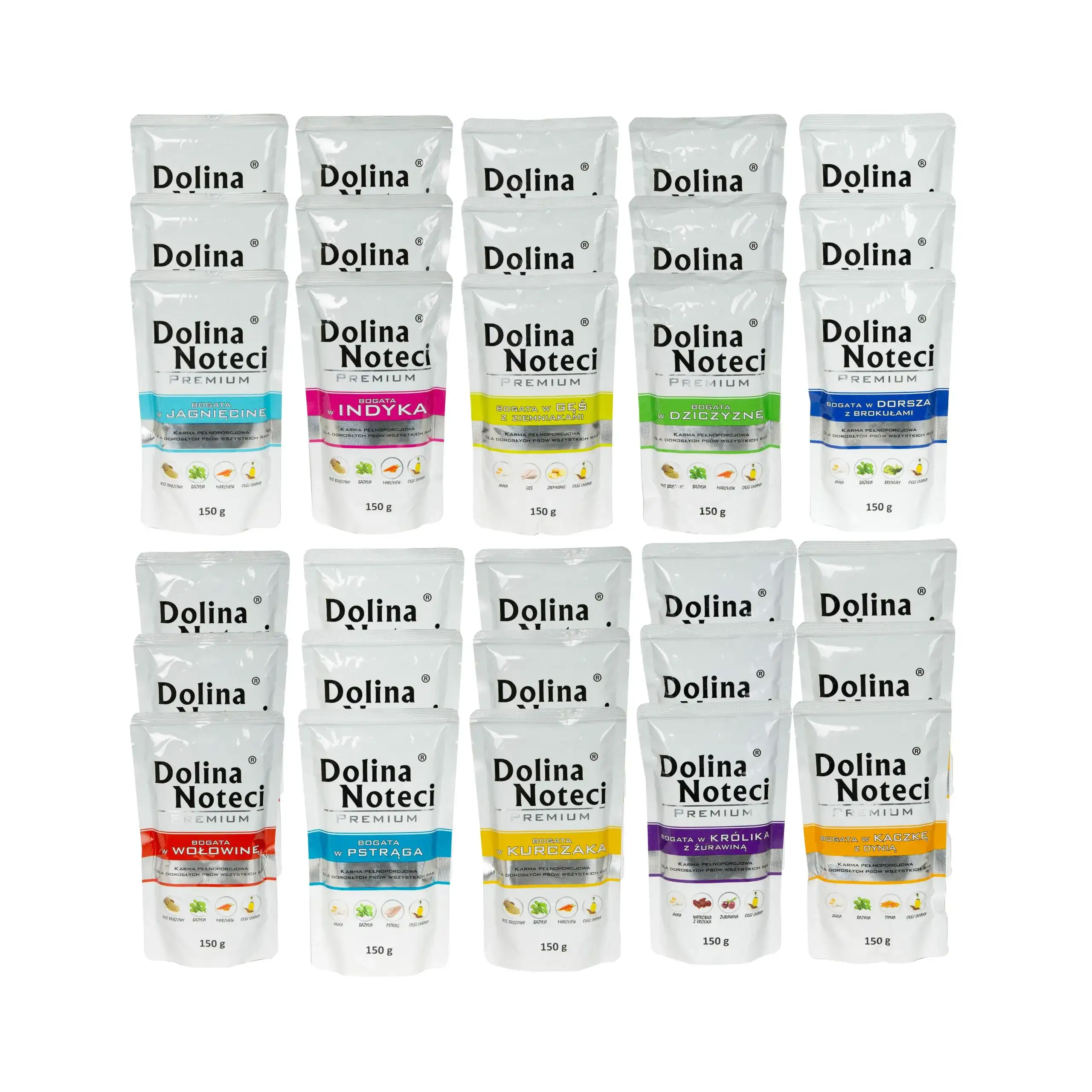 Dolina Noteci Premium dorsz, dziczyzna, gęś, indyk, jagnięcina, kaczka, królik, kurczak, pstrąg, wołowina adult 150 g × 100