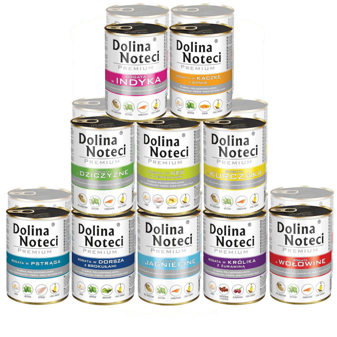 Dolina Noteci Premium dorsz, dziczyzna, gęś, indyk, jagnięcina, kaczka, królik, kurczak, pstrąg, wołowina adult 400 g × 20