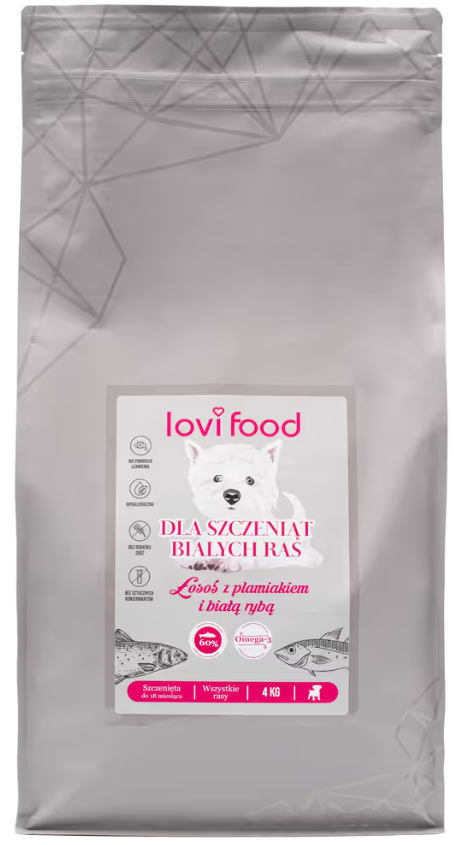 John Dog Lovi Food biała ryba, plamiak, łosoś puppy 4 kg