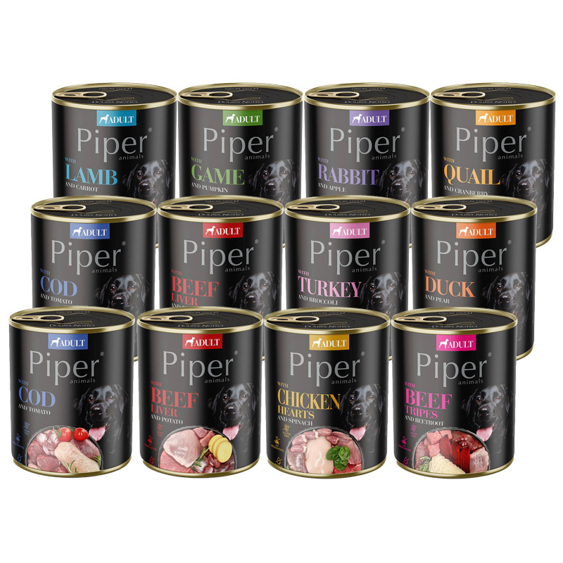 Piper Animals dorsz, dziczyzna, indyk, jagnięcina, kaczka, królik, kurczak, przepiórka, wołowina 800 g × 12