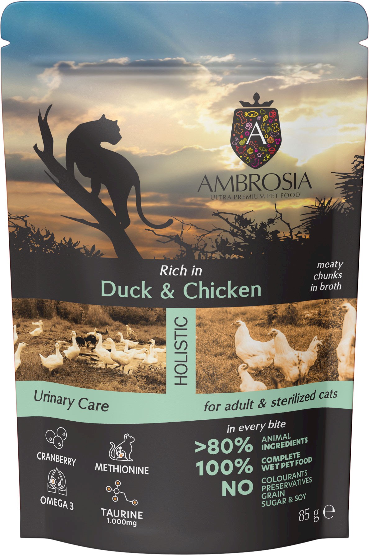 Ambrosia Holistic Sterilised kaczka, kurczak w bulionie adult 85 g