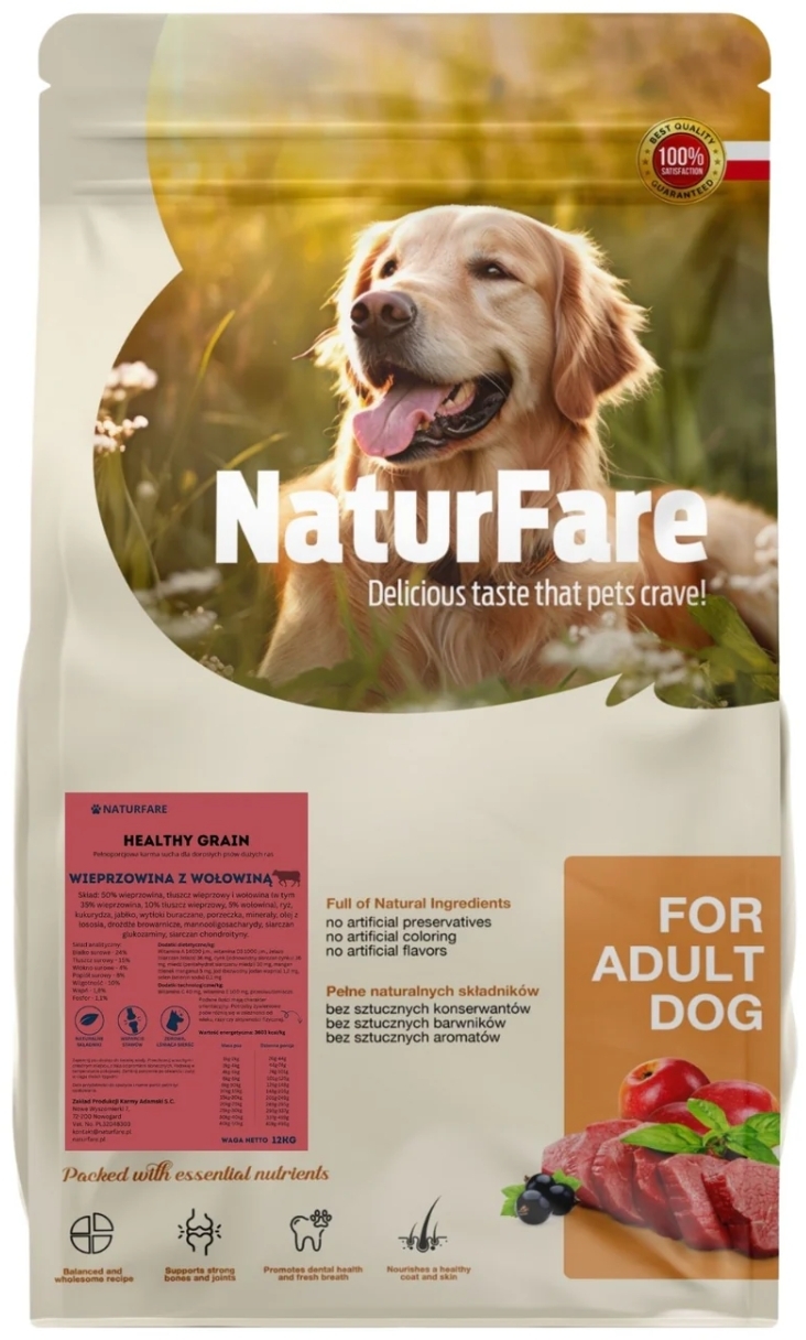 NaturFare wieprzowina, wołowina adult duże rasy 12 kg
