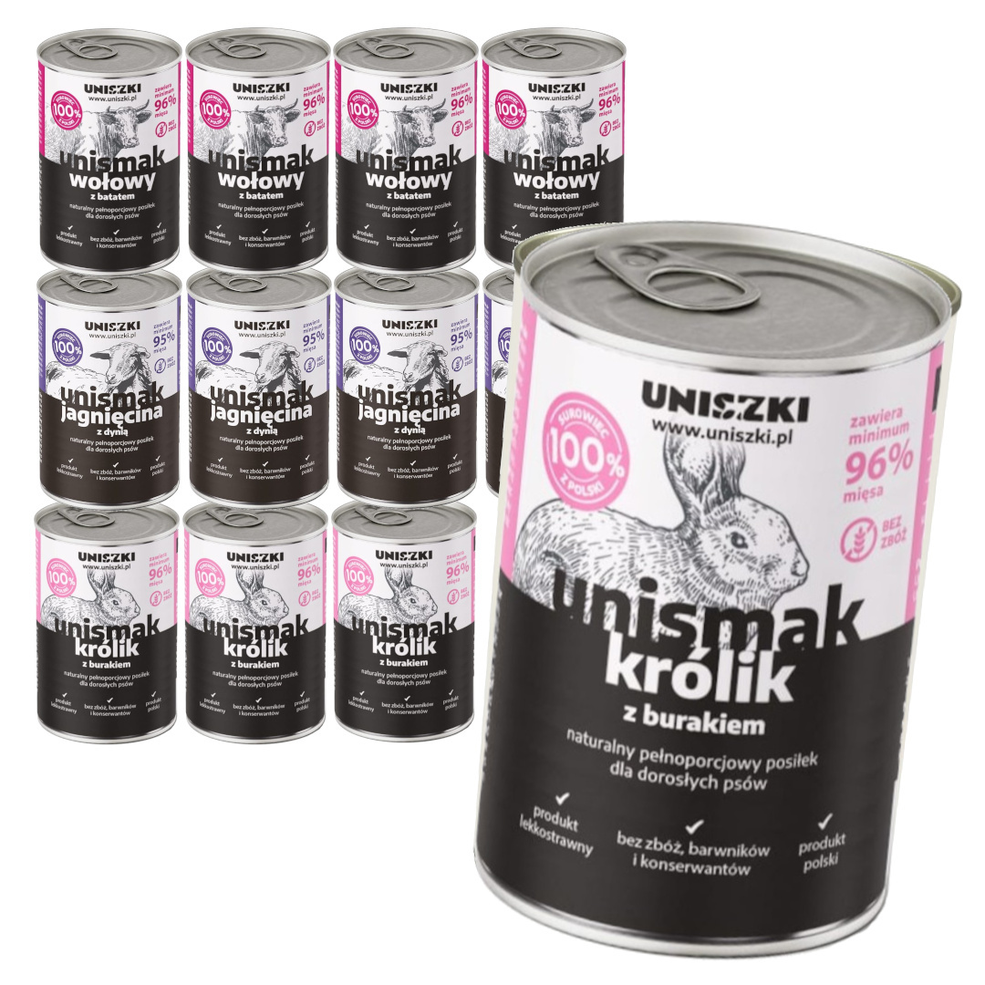 Uniszki Unismak jagnięcina, królik, wołowina z batatem, burakiem, dynią 400 g × 12
