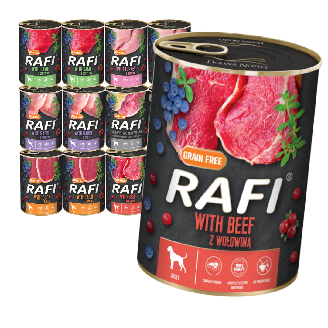 Rafi dziczyzna, indyk, kaczka, królik, szynka, wołowina, żołądki wołowe adult 400 g × 12