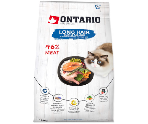 Ontario Long Hair Hairball Skin & Coat kaczka, łosoś 2 kg