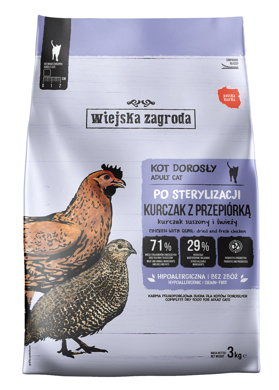 Wiejska Zagroda Sterilised kurczak, przepiórka adult 3 kg