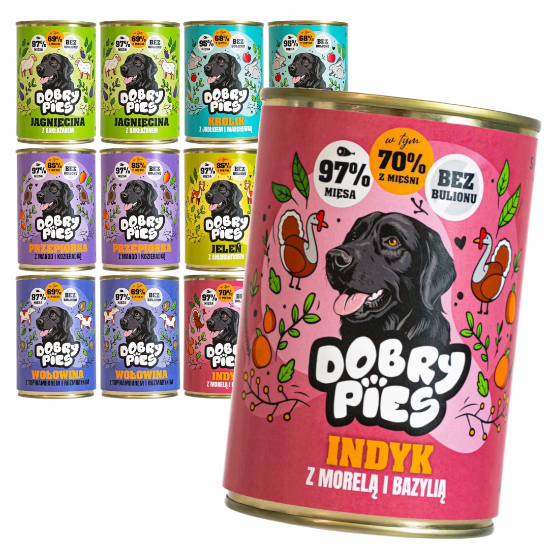 Dobry Pies indyk, jagnięcina, jeleń, królik, przepiórka, wołowina z amarantusem, bakłażanem, bazylią, jabłkiem, kozieradką, mango, marchewką, morelą, rozmarynem, topinamburem adult 400 g × 12